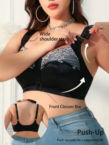 1pc Plus Size Lace Patchwork Wireless Bra - Black and White - View 1