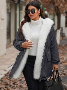 Calvaya Plus Size Plush Patchwork Casual Long Sleeve Drawstring Fleece Padded Padded Coat Clothes Winter - Dark Grey - View 6