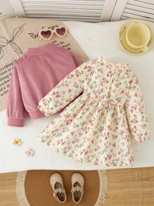 SHEIN Baby Girl Front Button Long Sleeve Top With 3D Floral Decor And Matching Dress, Minimalist Style - Pink - View 2