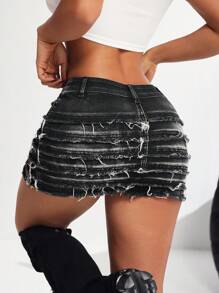 SHEIN PETITE 女士性感修身弹力牛仔迷你裙，黑色，女士夏季，俱乐部性感女士，哥特风，演唱会女士，锐舞音乐节，垃圾摇滚，春假，破洞牛仔裙，女士街头服饰，乡村音乐会，街头服饰，锐舞，演唱会