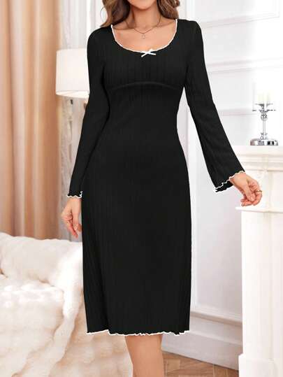 Contrast Binding Scoop Neck Ribbed Women Loungewear Dress, Cozy Elegante Outfit, Fall view 6