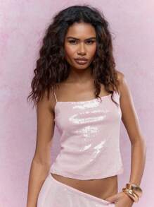 MISSGUIDED 亮片吊带背心，细肩带设计，闪亮晚宴派对假日场合夏季夜晚春季系列，无袖。 - 粉色 - 查看 4