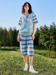 Skyraze Women's V-Neck Short Sleeve Plaid Sweater, Casual Everyday Wear,Geometric Pattern - Multicolor - View 5