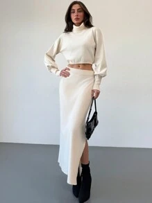 Aloruh Damen Set bestehend aus Fledermausärmel Crop Loose Pullover mit Stehkragen und hochgeschlitztem hochtailliertem H-förmigem Saum Rock - Aprikosenfarben - Übersicht 3