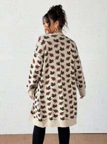 Flirla 大码女式枫叶印花双口袋开衫，长袖，冬季 - 彩色 - 查看 2