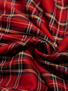 EMERY ROSE Plus Size Women's Casual Plaid Bow Tie Sweetheart Neck Lantern Sleeve Dress, Spring/Summer For New Year Fall Cloth For Women - Red - View 3