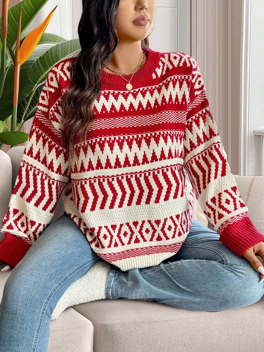 Elenzga Plus Size Casual Christmas Geometric Pattern Pullover Sweater For New Year Knit Pullover Fall Winter - Red - View 1