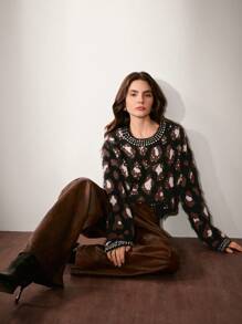 Anewsta 女士豹纹珍珠和水钻毛绒圆领长袖毛衣上衣，春秋季，新年 - 彩色 - 查看 3