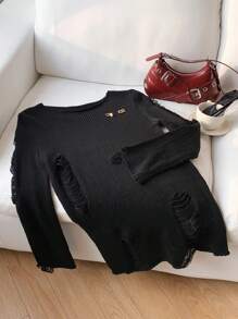 SHEIN EZwear Áo len dệt kim rộng rãi, rách rưới, màu đen, mùa thu/đông cho nữ - màu đen - Xem 9