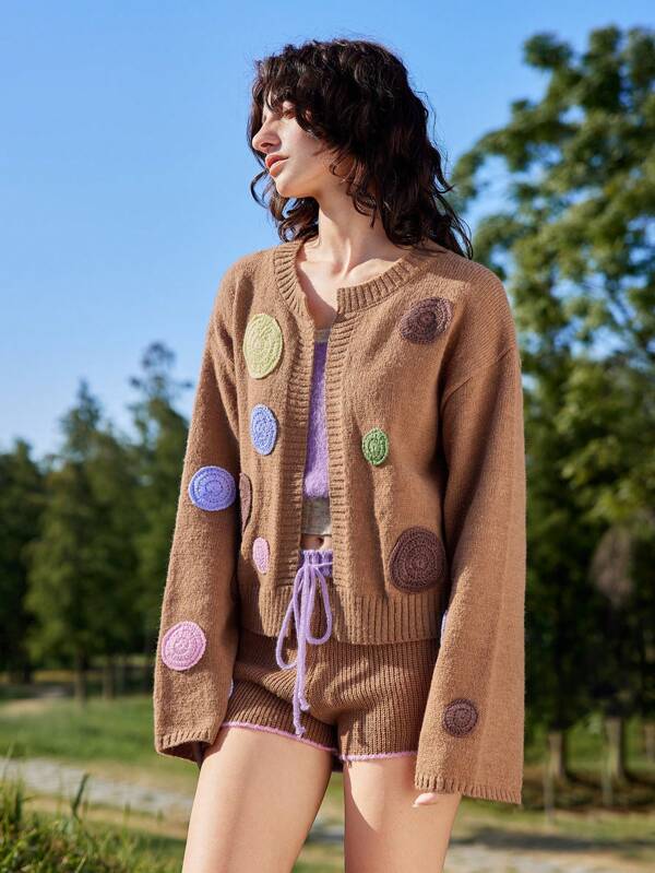 Skyraze Women's Drop Shoulder Long Sleeve Colorful Polka Dot Contrast Color Knitted Cardigan, 3D Floral Design