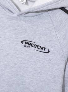 SHEIN Leap Crew 2 件 Tween Boy 休闲运动字母图案连帽衫和运动裤套装，适合通勤、上学、日常休闲装和运动 - 灰色 - 查看 4