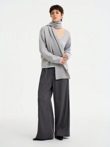 Aalyst Women's Casual Grey V-Neck Long Sleeve Loose Fit Sweater With Contrast Trim Scarf Knit Pullover Fall Winter - Grey - View 4