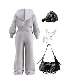 SHEIN Young Girl Casual Everyday Sporty Hooded Full Zip Long Sleeve Jumpsuit, Gray, Comfortable Waist Drawstring Simple Leisure Jumpsuit, Autumn Summer Holiday - Grey - View 2