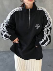 FRIFUL 女士宽松半襟蕾丝拼接字母印花卫衣