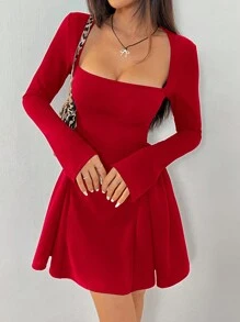 SHEIN EZwear Women Square Collar Long Sleeve Simple Casual Short Dress - Red - View 1