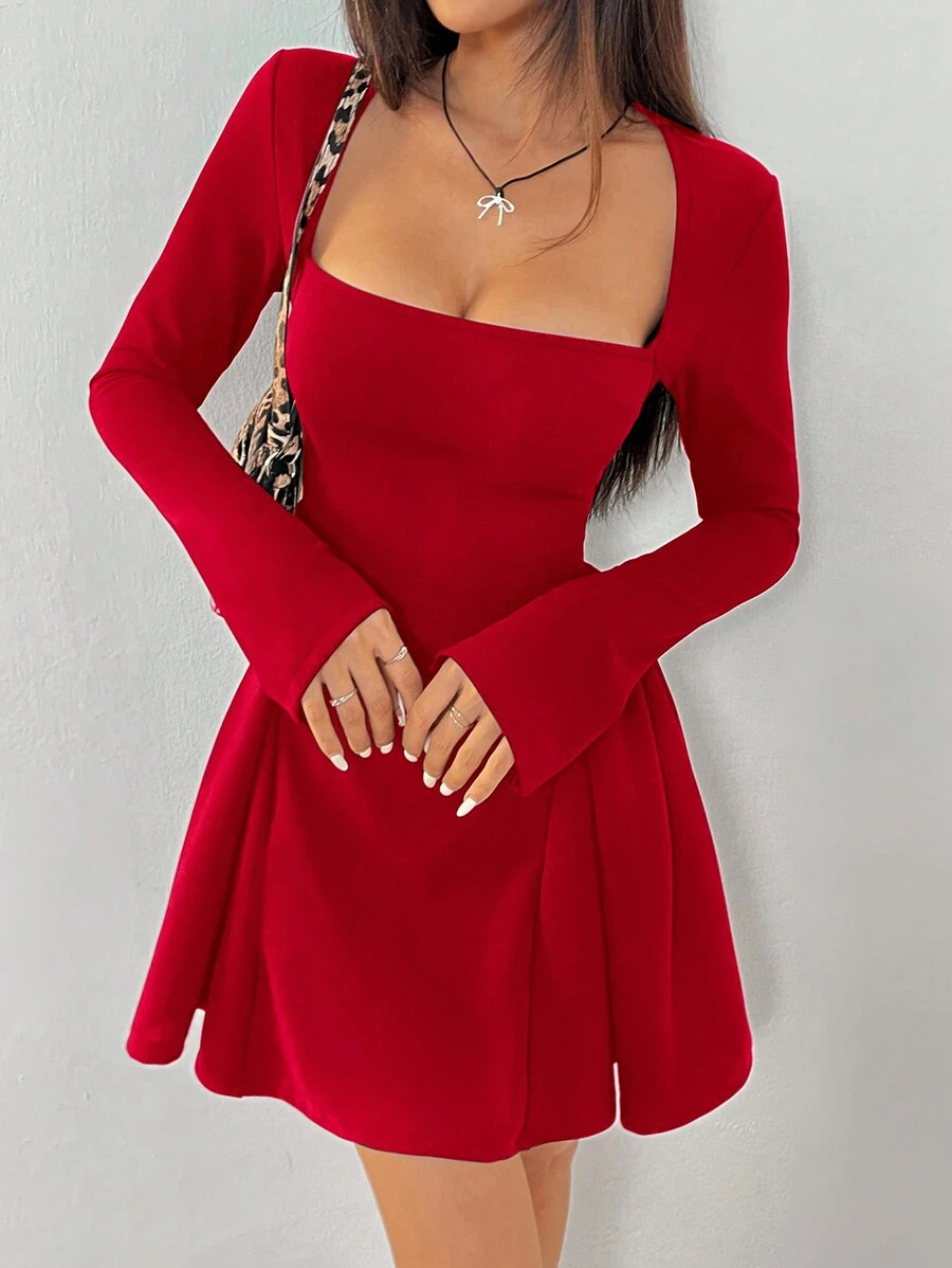 SHEIN EZwear Women Square Collar Long Sleeve Simple Casual Short Dress - Red - View 1