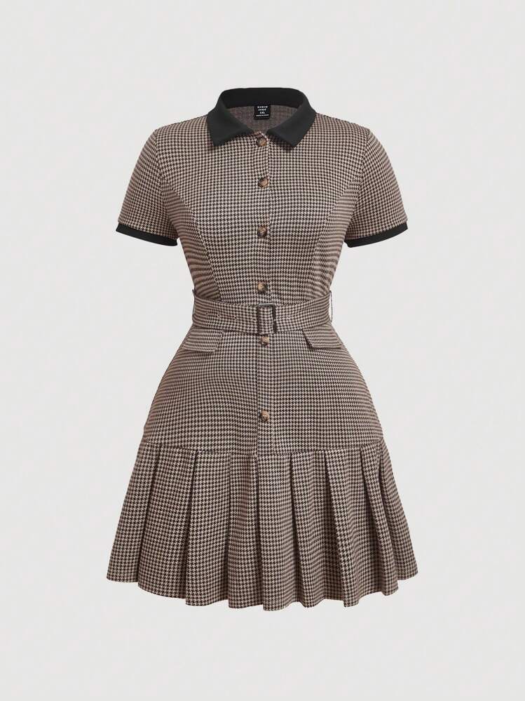 SHEIN MOD Plus Size Women's Houndstooth Polo Collar Pleated Dress With Belt,Going Out,Work Office Outfits,Homecoming,Plaid Dress,New Year,Valentine - Brown - View 1