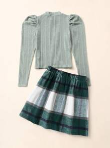 SHEIN Teen Girls 2 Pieces Set: Green & White Ribbed Stand Collar Long Sleeve Top, Plaid Button-Front Skirt, Elegant Fall/Christmas/New Year Outfit