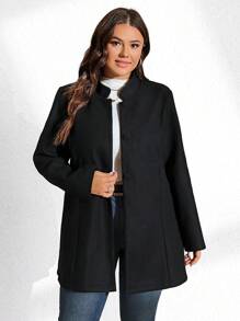 SHEIN LUNE 大码女式纯黑色立领长袖纽扣大衣，秋冬款
