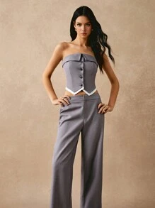 Poéselle Women's Contrast Color Single-Breasted Top And Pants 2 Pieces Casual Set, Everyday Wear, Fashionable For Daily Wear, Daily Wear, Suitable For Daily, Street, Commuting, Dating, Party And Other Occasions To Wear