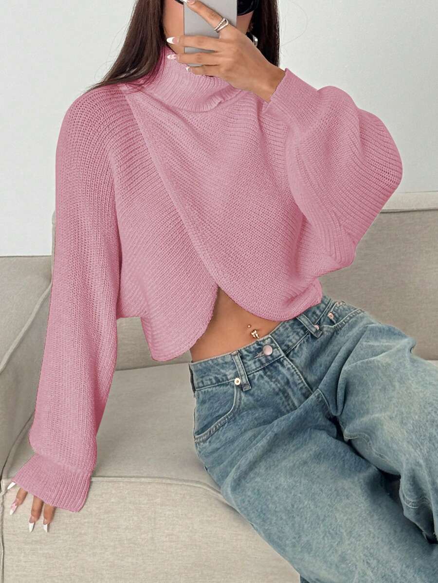 Lunelith SHEIN Lunessa Damen Pullover mit hohem Kragen, Langarm, unifarben, wickeloptik, gekürzt, Lässig, Herbst/Winter