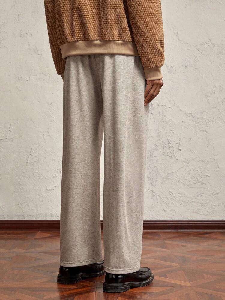 Men's Khaki Knit Loose Drawstring Straight Casual Sweatpants, Suitable For Autumn/Winter, Everyday Wear