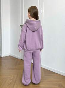 SHEIN Leap Crew 青少年女孩宽松舒适柔软连帽衫和裤子 2 件套