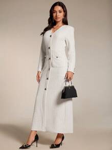 Modelyn Abito lungo elegante da donna con scollo a V, manica lunga, monopetto, in tinta unita, abiti da sera - Beige - Visualizzare 5