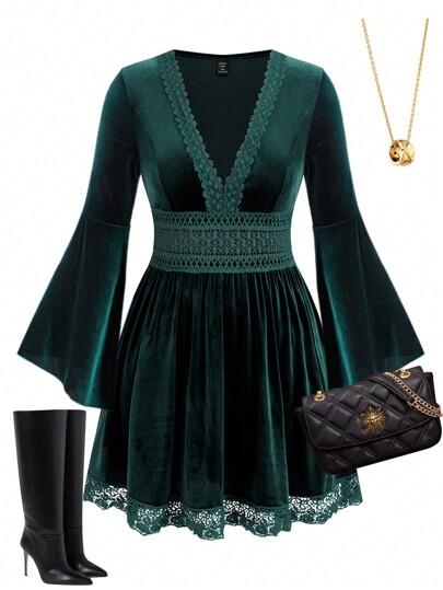 Plus Size Women Lace Patchwork Flare Sleeve Velvet Dress | SHEIN USA