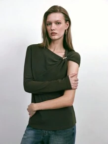 Maija New Autumn/Winter Urban Chic Elegant Casual Vintage Outdoor Ladies Green Asymmetrical Design Top - Green - View 1