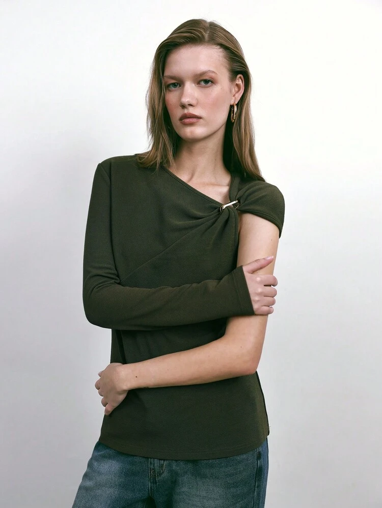 SHEIN Maija New Autumn/Winter Urban Chic Elegant Casual Vintage Outdoor Ladies Green Asymmetrical Design Blouse