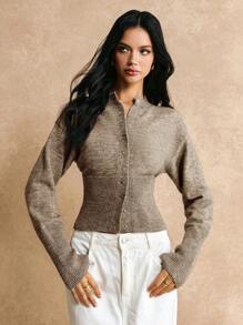 Poéselle 短款修身前扣纯色长袖简约休闲针织开衫、毛衣、短款女式毛衣、女式毛衣、针织毛衣、冬季女装、秋季女装、FW24