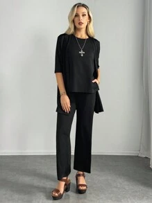 3 件套女士休闲纯色短袖上衣、背心和裤子 - 黑色 - 查看 3