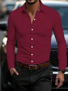 Manfinity Mode Men Solid Button Up Pocket Patched Shirt, Men Dress Shirt, Burgundy Men Dress Shirt, Dark Red Dress Shirt, Red Men Dress Shirt