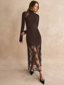Poéselle 女士纯色蕾丝拼接长袖立领休闲长裙 - 咖啡棕 - 查看 7