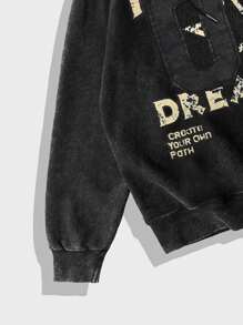 ROMWE MEN Prep Men's Letter & 5-Pointed Star Print Long Sleeve Drawstring Hoodie Sweatshirt, Autumn