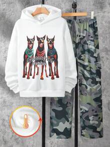 SHEIN 2 件套青少年男孩卡通狗印花连帽衫和迷彩休闲裤套装 - 白色 - 查看 1