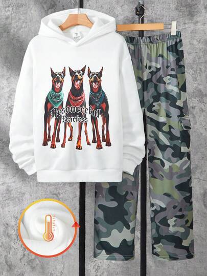 SHEIN 2 件套青少年男孩卡通狗印花连帽衫和迷彩休闲裤套装