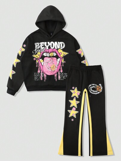 Street Life Men's Loose Cropped Hoodie & Pants 2 Pieces Tracksuit, Streetwear