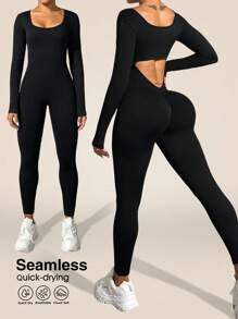Slayform Plain Sexy Backless Jumpsuit With Long Sleeves And High Neck, Tight Fitting Sports Romper - Black - View 1