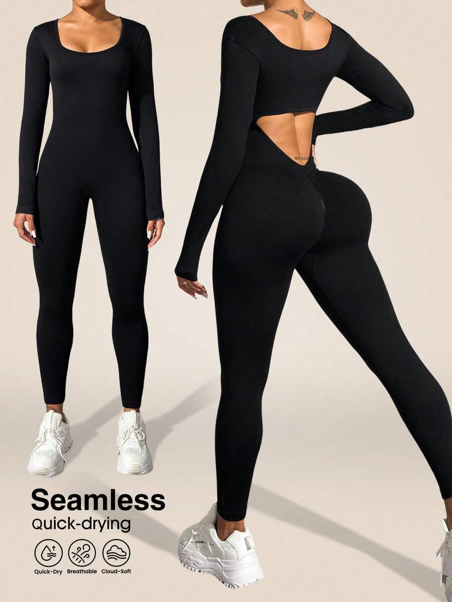 Slayform Plain Sexy Backless Jumpsuit With Long Sleeves And High Neck, Tight Fitting Sports Romper - Black - View 1
