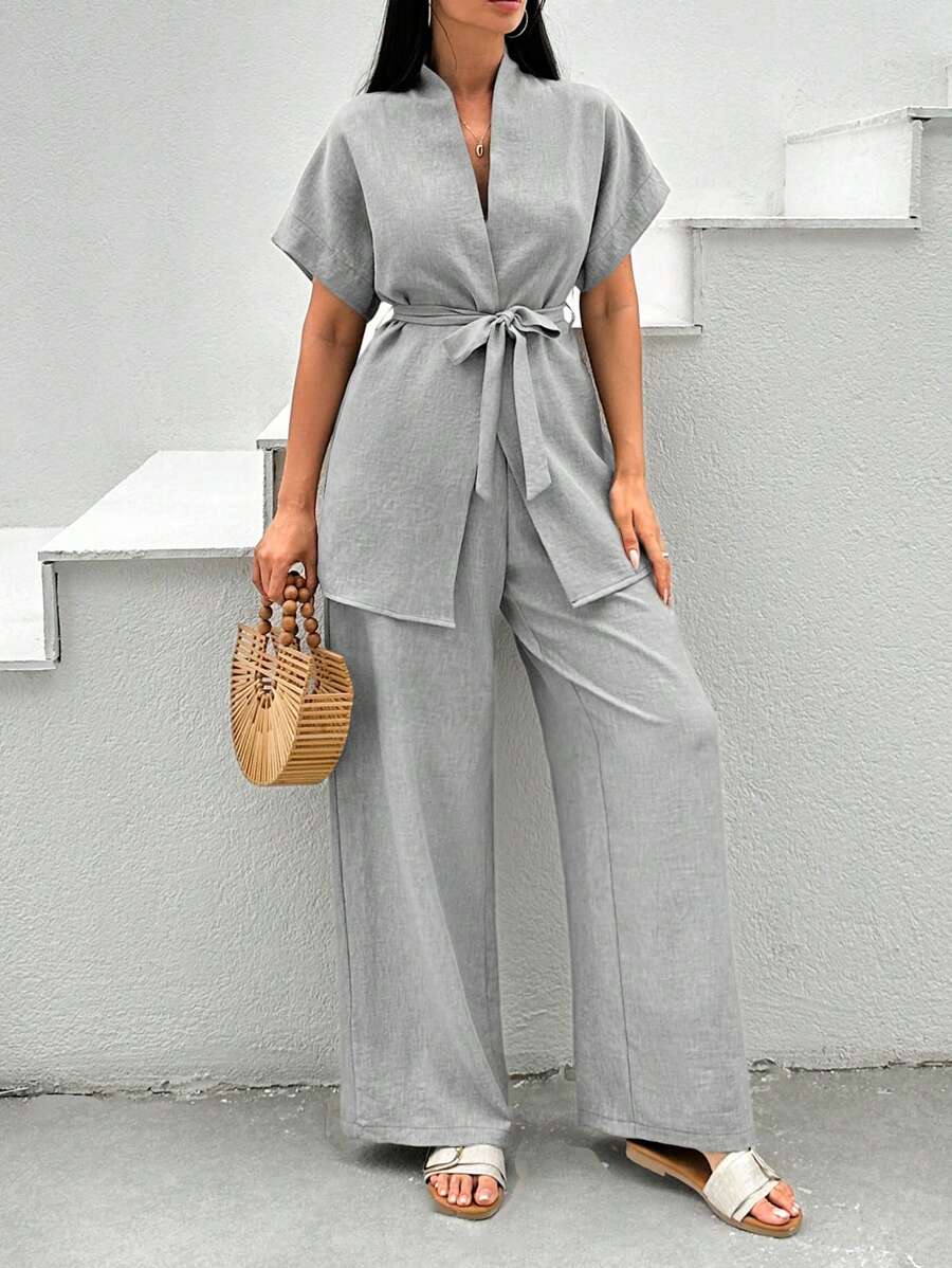 EURMUSE Holiday Casual Solid Color Batwing Top & Pants Set - Grey - View 1