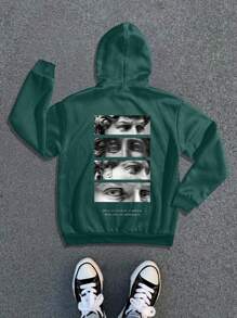 Manfinity Roghcode Men's Slogan Print Long Sleeve Hooded Sweatshirt With Pockets And Drawstring, Casual Pullover For Autumn Winter - Dark Green - View 1