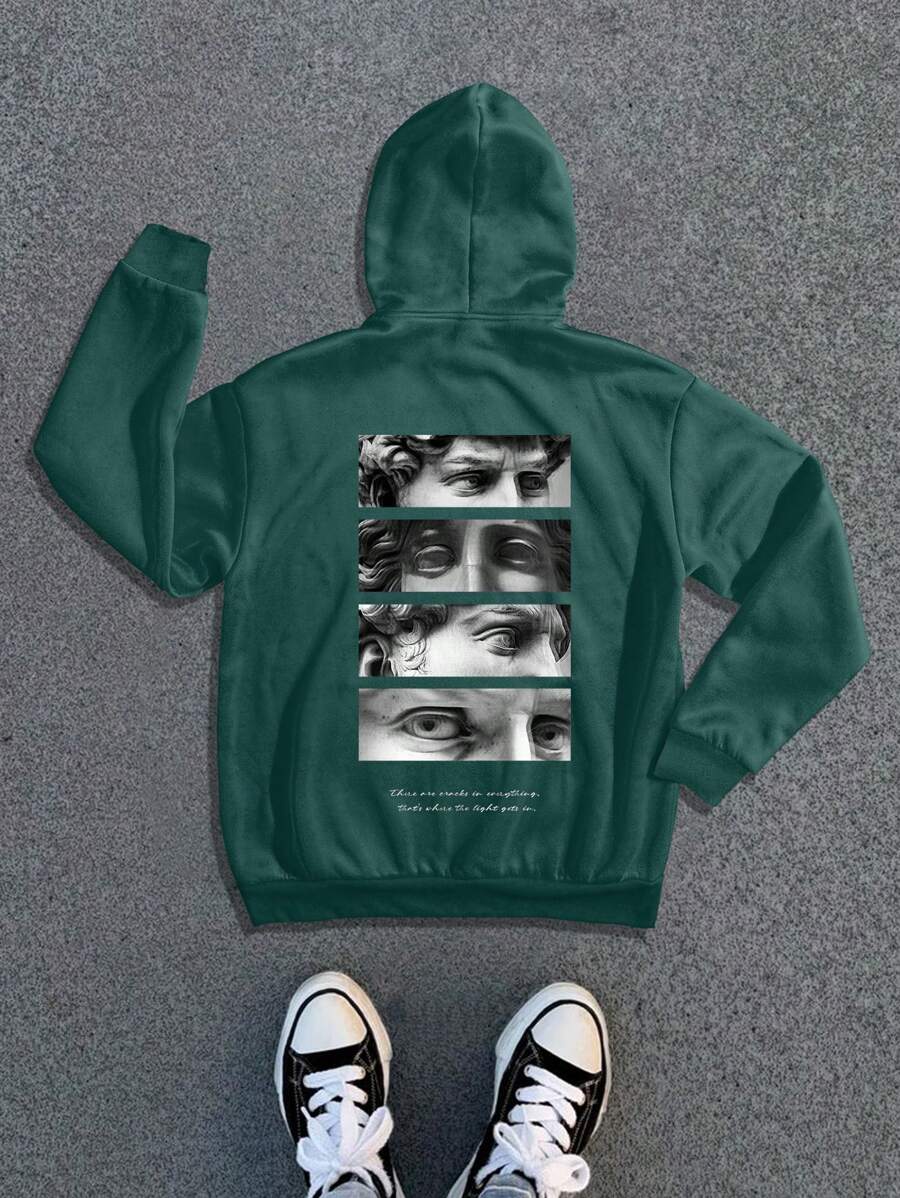 Manfinity Roghcode Men's Slogan Print Long Sleeve Hooded Sweatshirt With Pockets And Drawstring, Casual Pullover For Autumn Winter - Dark Green - View 1