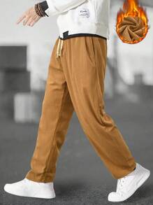 Manfinity Homme Quần vải nhung kẻ trơn màu rộng rãi cho nam có dây rút ở eo - Màu Khaki - Xem 1