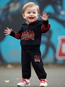 Babyboy & Babygirl Autumn Street Life Casual Graphic Street Fashion Club Black Long Sleeve Sweatshirt And Pants Sporty Set,84&CHASE Flame Logo Print - Black - View 1