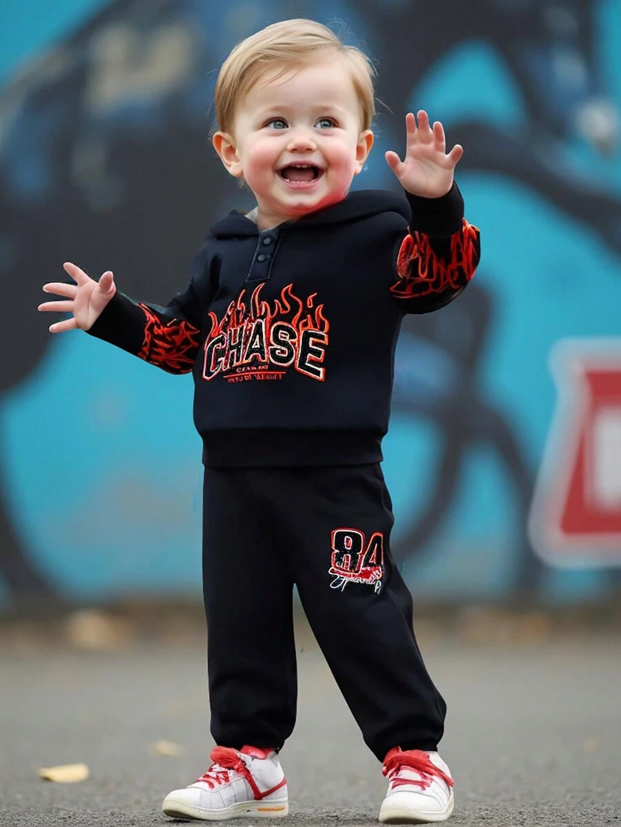 Babyboy & Babygirl Autumn Street Life Casual Graphic Street Fashion Club Black Long Sleeve Sweatshirt And Pants Sporty Set,84&CHASE Flame Logo Print - Black - View 1
