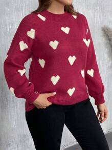 SHEIN LUNE Plus Size Heart Pattern Crew Neck Long Sleeve Simple Casual Top, Everyday Wear, For Winter Knit Pullover Fall - Red Violet - View 3