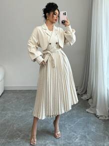 Chiquease Women's Autumn/Winter French Elegant Lapel Buttoned Waist Tie Ruched Hem Trench Coat - Apricot - View 4