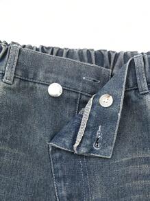 SHEIN Mono negro ajustado y jeans casuales de pierna ancha con cintura asimétrica suelta, diseño versátil de moda para uso diario para adolescentes chicas